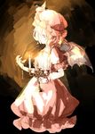  bow candelabra candle candlelight chain dark demon_wings dress hat hat_bow highres indoors kagari6496 looking_at_watch mob_cap pink_dress pocket_watch remilia_scarlet short_hair sketch solo touhou watch wings wristband 