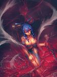  &gt;:) blue_dress blue_hair bone breasts cleavage commentary_request dress drill_hair eyes_visible_through_hair fetus hair_ornament hair_rings hair_stick heart_(organ) highres kaku_seiga large_breasts looking_at_viewer melon22 partially_submerged pool_of_blood red_eyes shawl smile solo torn_clothes torn_dress touhou twin_drills v-shaped_eyebrows 