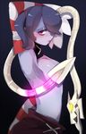  1girl bare_shoulders blue_skin blush breasts detached_collar detached_sleeves dress female hair_over_one_eye leviathan_(skullgirls) monster_girl red_eyes side_ponytail skullgirls squigly_(skullgirls) stitched_mouth stitches striped_sleeves topless yellow_eyes zombie 