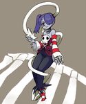 1girl bare_shoulders blue_skin detached_collar detached_sleeves dress female hair_over_one_eye leviathan_(skullgirls) monster_girl red_eyes side_ponytail sitting skullgirls squigly_(skullgirls) stitched_mouth stitches striped_legwear striped_sleeves zombie 