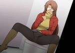  1girl azumanga_daiou bathroom blush boots breasts brown_hair embarrassed glasses gureko_rouman highres indoors jacket large_breasts legs long_hair long_sleeves masturbation mizuhara_koyomi pantyhose parted_lips raised_eyebrows solo spread_legs sweat thighs toilet turtleneck 