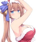  1girl animal animal_on_head armpits arms_up bare_arms bare_shoulders bell blue_eyes blue_ribbon blush breasts brown_hair closed_mouth fal_(girls_frontline) girls_frontline hair_ribbon hasu_(hk_works) large_breasts long_hair looking_at_viewer on_head ponytail ribbon santa_costume sidelocks simple_background solo upper_body white_background 