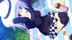  :o arms_up black_legwear blush bra_strap collarbone dutch_angle from_above game_cg grass green_eyes hat highres kururu_(world_election) legs_together looking_at_viewer mikagami_mamizu picnic plaid plaid_skirt silver_hair sitting skirt solo sweater world_election 