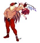  1girl absurdres ankle_boots arm_holding arm_hug bare_chest blonde_hair blush boots bow crossover crystal dated demon_wings dress fatal_fury flandre_scarlet flying full_body griffon_mask hat heart highres hug lilirulu m.u.g.e.n mark_of_the_wolves mask mob_cap muscle pose red_dress red_eyes red_footwear ribbon shirtless shoelaces side_ponytail signature simple_background size_difference smile snk spandex touhou vampire white_background wings wrestler wrestling_mask wrestling_outfit 