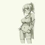  bike_shorts breasts cowboy_shot cropped_legs gundam gundam_build_fighters gundam_build_fighters_try hoshino_fumina large_breasts monochrome navel off_shoulder pas_(paxiti) ponytail pulled_by_self scrunchie shorts shorts_pull sketch solo sports_bra 