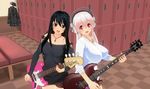  3d bass_guitar black_hair blush breasts electric_guitar fujimi_suzu green_eyes guitar headphones highres instrument large_breasts long_hair looking_at_viewer multiple_girls nitroplus open_mouth pink_eyes pink_hair smile super_sonico uld_macaron 