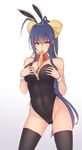  animal_ears antenna_hair bangs bare_shoulders between_breasts black_legwear black_leotard blazblue blazblue_remix_heart blue_hair bluefield blush bow bowtie breast_hold breasts bunny_ears bunny_girl bunnysuit cameltoe carrot cowboy_shot detached_collar eating eyebrows eyebrows_visible_through_hair fake_animal_ears food_between_breasts food_in_mouth genderswap genderswap_(mtf) gradient gradient_background gradient_hair groin hair_between_eyes hair_bow hairband hands_on_own_chest highleg highleg_leotard highres large_breasts leotard long_hair looking_at_viewer mai_natsume mouth_hold multicolored_hair phallic_symbol ponytail red_bow red_eyes red_neckwear ribbon sexually_suggestive side-tie_leotard skin_tight smile solo strapless strapless_leotard thighhighs very_long_hair white_background wrist_cuffs yellow_bow 