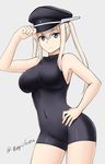  adjusting_clothes adjusting_hat armpits bangs bare_shoulders blue_eyes bodysuit breasts closed_mouth collarbone contrapposto covered_navel cowboy_shot from_side fuuma_nagi graf_zeppelin_(kantai_collection) grey_background hair_between_eyes halterneck hand_on_hip hand_up hat impossible_clothes kantai_collection large_breasts light_smile long_hair looking_at_viewer peaked_cap sidelocks simple_background skin_tight smile solo standing thighs turtleneck twintails twitter_username white_hair 