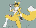  black_sclera bottomless bra breasts butt canid canine clothed clothing clothing_lift digimon digimon_(species) female fox gloves gravyfox grin mammal markings mask muscular muscular_female nipples nude partially_clothed pose renamon shirt shirt_lift simple_background smile solo sports_bra underwear unmasking 