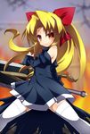  black_dress blonde_hair blush bow chikyuujin_a detached_sleeves dress fighting_stance hair_bow holding holding_weapon huge_weapon long_hair looking_at_viewer needless ponytail seto_(needless) short_dress sleeveless sleeveless_dress solo standing sword thighhighs weapon white_legwear yellow_eyes 