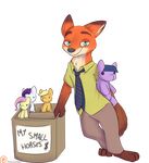  2016 alasou alpha_channel anthro applejack_(mlp) box canine disney english_text fluttershy_(mlp) fox friendship_is_magic fur gloves_(marking) green_eyes half-closed_eyes hi_res holding_object looking_at_viewer male mammal markings my_little_pony necktie nick_wilde orange_fur patreon plushie rarity_(mlp) simple_background smirk solo text transparent_background twilight_sparkle_(mlp) zootopia 