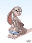  blue_eyes breasts butt clothed clothing disney female flashing fur grey_fur hard_tones judy_hopps kneeling lagomorph looking_at_viewer looking_back mammal one_eye_closed panties panty_pull pink_nose rabbit rear_view side_boob simple_background small_breasts smile topless underwear undressing white_background wink zootopia 