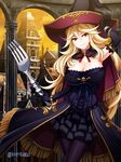  black_gloves black_legwear blonde_hair bracelet breasts cape cleavage dress elbow_gloves fork gloves hand_on_headwear hat jewelry large_breasts long_hair looking_at_viewer original oversized_object red_eyes smile solo strapless torigoe_takumi twitter_username witch_hat 