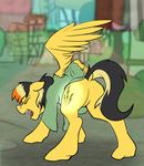  2016 all_fours building butt clothes_ripped clothing cutie_mark dirt dock equine eyes_closed feathers ground hair horse male mammal markings multicolored_hair my_little_pony open_mouth outside tf-sential track transformation wings 