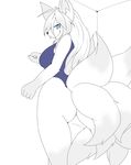  absurd_res anthro bare_shoulders blue_eyes breasts butt canine female fox fur hair hi_res looking_at_viewer looking_back mammal multi_tail smile solo standing white_fur white_hair 青３ 