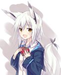  animal_ears blush box brown_eyes fox_ears fox_tail gift gift_box hands_on_own_chest happy holding long_hair looking_at_viewer low_ponytail nagishiro_mito open_mouth original pale_skin ribbon simple_background smile solo tail tail_ribbon upper_body valentine white_background white_hair 