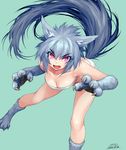  2016 animal_ears bangs bare_shoulders bent_over boots breasts cleavage collarbone dated eyebrows eyebrows_visible_through_hair eyelashes gloves hair_between_eyes happa_(cloverppd) highres looking_at_viewer medium_breasts open_mouth original panties paw_boots paw_gloves paws pink_eyes pouncing sharp_teeth short_hair signature silver_hair simple_background solo tail teeth tongue underwear werewolf white_panties wolf_ears wolf_tail 