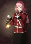  bangs belt black_skirt braid buttons epaulettes fate/grand_order fate_(series) florence_nightingale_(fate/grand_order) gloves hand_on_own_chest highres holding lantern looking_at_viewer mandarin_collar military military_uniform nagiko_(mangalove1111) pink_eyes pink_hair pleated_skirt sam_browne_belt single_braid skirt sleeve_cuffs solo tied_hair uniform white_gloves 