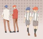  age_comparison blazer blue_hair brothers dual_persona f6 jacket kouya_(konoya01) male_focus matsuno_karamatsu matsuno_osomatsu multiple_boys osomatsu-kun osomatsu-san plaid plaid_shorts red_hair school_uniform shorts siblings smile suspender_shorts suspenders walking younger 