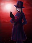  bird blonde_hair erica_(naze1940) gloves hat highres long_hair long_skirt looking_at_viewer moon night original raven_(animal) red_eyes red_sky skirt sky smile solo standing turtleneck 