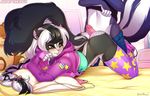  2016 all_fours anthro bed black_fur black_hair blush bottomless bow braided_hair brown_eyes butt clothed clothing clothing_lift crossdressing duo earbuds erection faceless_male freckles fur girly grey_fur hair hair_bow hair_ribbon headphones hoodie hot_dogging humanoid_penis legwear long_hair looking_back male male/male mammal multicolored_fur multicolored_hair on_bed penis plushie ponytail precum raised_tail ribbons scynt sex shirt shirt_lift skunk smile sneakers solo_focus thigh_highs tokifuji two_tone_fur two_tone_hair white_countershading white_fur white_hair 