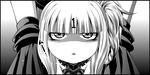 aoki_hagane_no_arpeggio bangs blunt_bangs collar greyscale hands_on_another's_shoulders kaname_aomame kantai_collection kongou_(aoki_hagane_no_arpeggio) lace_trim looking_at_viewer monochrome number out_of_frame side_ponytail solo_focus triangle_mouth 