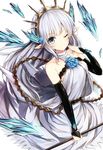  ;) bare_shoulders blue_eyes granblue_fantasy highres lily_(granblue_fantasy) long_hair looking_at_viewer one_eye_closed oyu_(sijimisizimi) pointy_ears silver_hair smile solo 