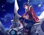  achan_(blue_semi) black_hair black_pants cloud coat eiyuu_densetsu holding holding_sword holding_weapon katana mecha night night_sky open_clothes open_coat pants petals purple_eyes rean_schwartzer scabbard sen_no_kiseki sen_no_kiseki_2 sheath sheathed short_hair sitting sitting_on_object sky spoilers star_(sky) sword valimar weapon 