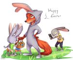  2016 abstract_background anthro barefoot buckteeth canine cellphone clothing cute disney eyes_closed female fox fur fursuit green_eyes grey_fur group half-closed_eyes hand_on_hip judy_hopps lagomorph laugh long_ears mammal moenkin nick_wilde open_mouth orange_fur phone rabbit smile teeth zootopia 