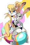  2016 anthro big_breasts big_butt blue_eyes bow_tie breasts butt cleavage clothed clothing crossover disney duo egg female hand_on_butt judy_hopps lagomorph lola_bunny looking_at_viewer looking_back looney_tunes mammal ninjaspartankx5 purple_eyes rabbit rear_view skimpy small_breasts straddling warner_brothers zootopia 
