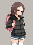  backpack bag blush breath brown_eyes brown_hair coat denim denim_shorts down_jacket highres holding_strap megane_chuu original randoseru short_shorts shorts skindentation solo standing thighhighs thighs 