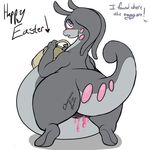  &lt;3 2016 alternate_color antennae anthro basket belly big_belly big_butt blush butt dialogue dragon easter english_text fan_character female gaping gaping_pussy goodra grey_body grey_skin hi_res holidays hyper hyper_belly hyper_pregnancy looking_back m-p-l nintendo nude open_mouth pink_body pink_skin pok&eacute;mon pregnant purple_eyes pussy pussy_juice raised_tail rear_view simple_background solo text video_games white_background wide_hips 