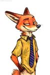  black_nose canine disney fox fur fuzzy green_eyes hands_in_pockets hawaiian_shirt kenket looking_away male mammal necktie nick_wilde orange_fur pointy_ears raised_eyebrow signature simple_background smile smug solo source_request standing white_background zootopia 