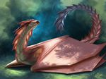  2012 abstract_background ambiguous_gender digital_media_(artwork) dragon feral green_eyes hi_res horn khyaber khyaber_(character) looking_up lying membranous_wings multicolored_scales red_scales scales scalie simple_background solo stripes white_scales wings wyvern 