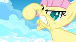  2013 absurd_res angry cloud equine female feral fluttershy_(mlp) friendship_is_magic fur green_eyes hair hexfloog hi_res looking_at_viewer mammal my_little_pony outside pegasus pink_hair sky solo wings yellow_fur 