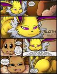  2016 absurd_res annoyed anus black_nose brown_background brown_eyes brown_fur butt comic cute_fangs dialogue duo eevee eeveelution english_text female feral fur hi_res jolteon kuroodod male neck_tuft nintendo nude open_mouth pok&eacute;mon purple_eyes pussy rear_view sam_(kuroodod) simple_background sloth_(kuroodod) smile speech_bubble teeth text tongue tuft video_games white_fur yellow_fur 
