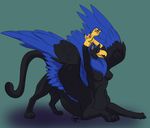  athalean avian black_fur blue_eyes blue_fur breasts chest_tuft claws feathered_wings feathers feline fur galaxyowls gryphon herm hi_res hybrid intersex mammal nipples panther stretching taur tuft wings 