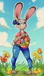  2016 ambiguous_gender anthro avian barefoot basket belt bird blue_eyes chicken clothed clothing cloud cute disney don_ko easter easter_egg easter_eggs egg female flower fur grass grey_fur group holding_object holidays jeans judy_hopps lagomorph long_ears mammal outside pants plant purple_eyes rabbit sky smile solo_focus zootopia 