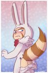  annoyed anthro blue_eyes blush border butt clenched_teeth disguise easter fur hi_res holidays league_of_legends looking_back low-angle_view male mammal onesie signature standing teemo teeth veigar-chan video_games wardrobe_malfunction yordle 