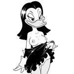  2016 anthro avian beak bedroom_eyes bird black_eyes black_hair breasts clothed clothing digital_media_(artwork) duck ducktales eyebrows eyelashes female hair half-closed_eyes lonbluewolf looking_at_viewer magica_de_spell nipples presenting presenting_pussy pussy seductive simple_background solo undressing white_background white_sclera 