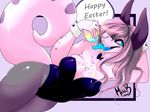  2016 absurd_res anthro big_breasts blue_hair bow_tie breasts cleavage clothed clothing drooling easter easter_egg egg english_text facial_piercing fake_ears female hair hair_over_eye hand_behind_head hi_res holding_object holidays legwear long_hair long_tongue missblue nose_piercing open_mouth piercing saliva solo stockings text tongue tongue_out unknown_species 