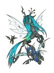  2015 armor better_version_at_source changeling crown drone fangs female feral flying friendship_is_magic green_eyes green_hair group hair hexfloog hi_res horn looking_at_viewer membranous_wings my_little_pony open_mouth queen_chrysalis_(mlp) simple_background slit_pupils smile spread_wings white_background wings 
