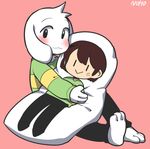  asriel_dreemurr barefoot blush body_pillow boss_monster brown_hair chara_(undertale) child clothing fur hair human long_ears male mammal oh-onii pillow pink_background simple_background smile solo undertale video_games white_fur young 