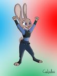  2016 anthro buckteeth clothed clothing colydos disney eyelashes female fur gradient_background grey_fur hi_res judy_hopps lagomorph long_ears mammal open_mouth police_uniform purple_eyes rabbit simple_background smile solo standing teeth uniform zootopia 