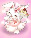  &lt;3 abstract_background big_ears blush cake cherry clothed clothing eating eyes_closed female floppy_ears flower fluffy_tail food fruit jewelpet jewelry lagomorph mammal neck_tuft necklace partially_clothed pawpads pendant pink_nose plant rabbit ruby_(jewelpet) sanrio semi-anthro short_tail slightly_chubby spoon spread_legs spreading tanukimodoki tuft 