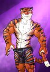  2016 abs anthro bentpencils biceps big_muscles black_fur body_hair bulge chest_tuft claws clothed clothing disney feline fur glitter glowing happy_trail looking_at_viewer male mammal muscular muscular_male navel nipples orange_fur pecs smirk solo standing stripes stripper_tiger_(zootopia) tail_grab teeth tiger topless tuft white_fur zootopia zootopia_shorts 