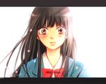  blush bow brown_eyes brown_hair kimi_ni_todoke kin'usagi kuronuma_sawako long_hair petals school_uniform signature solo 