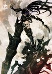 absurdres armor belt black_hair black_rock_shooter boots burning_eye chain fangs gauntlets greaves highres huge_weapon huke insane_black_rock_shooter loose_belt midriff navel pale_skin purple_eyes scar shorts solo stitches sword thigh_boots thighhighs twintails weapon 