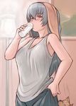  blush breasts casual dog drinking large_breasts long_hair milk older pants_pull pulled_by_self rozen_maiden shirt silver_hair sleeveless sleeveless_shirt solo suigintou towel towel_on_head tsuda_nanafushi 