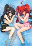  ahoge barefoot bikini bikini_skirt black_eyes black_hair blush dual_persona highres kagura_takeshi long_hair multiple_girls red_eyes red_hair shakugan_no_shana shana submerged swimsuit twintails water watermark 